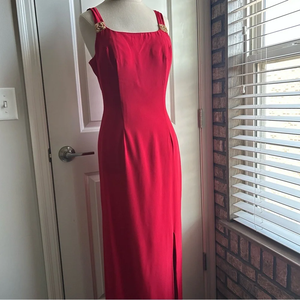 Vintage Red Floor Length Gown Spaghetti Straps 80s 90s - Picture 5 of 12